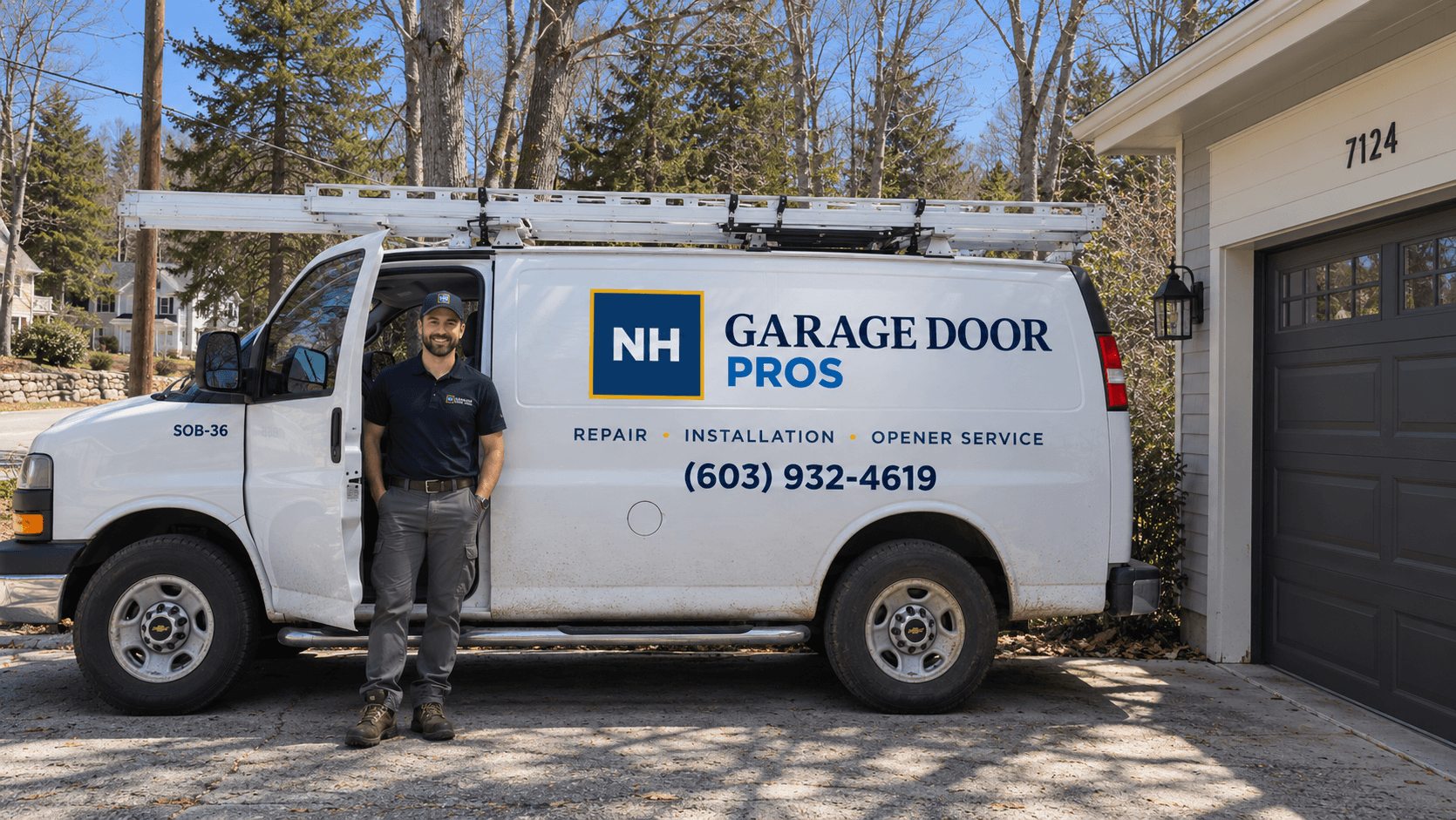 NH Garage Door Pros service van parked beside a home garage